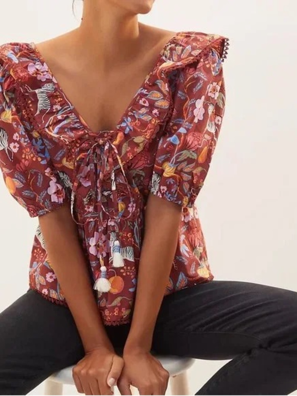 Anthropologie Rust Floral Peasant Blouse with Tassel Tie